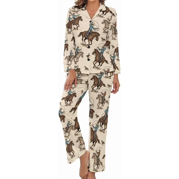 HPINK-T Pajama Sets for Womens Cowboys Riding Horses Loose Button Down Long Sleeve Shirts And Pants Set
