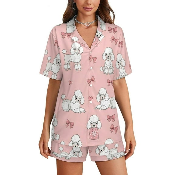 HPINK-T Pajama Sets for Womens Cute Poodle Pattern Summer Short Sleeve Shirts And Pants Set