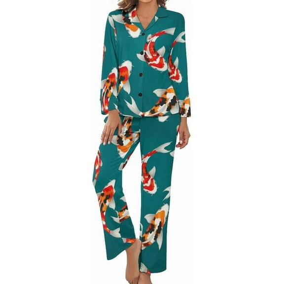 HPINK-T Pajama Sets for Womens Koi Fish Teal Loose Button Down Long Sleeve Shirts And Pants Set