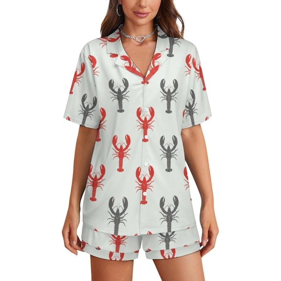 HPINK-T Pajama Sets for Womens Lobster Cute Summer Short Sleeve Shirts And Pants Set
