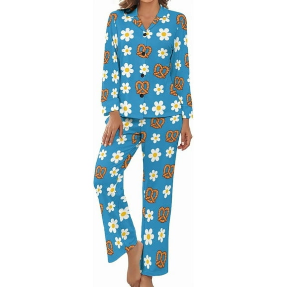 HPINK-T Pajama Sets for Womens Pretzels Hearts Loose Button Down Long Sleeve Shirts And Pants Set
