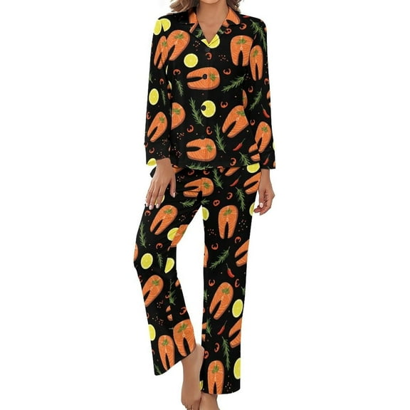 HPINK-T Pajama Sets for Womens Sausages Green Leaves Loose Button Down Long Sleeve Shirts And Pants Set