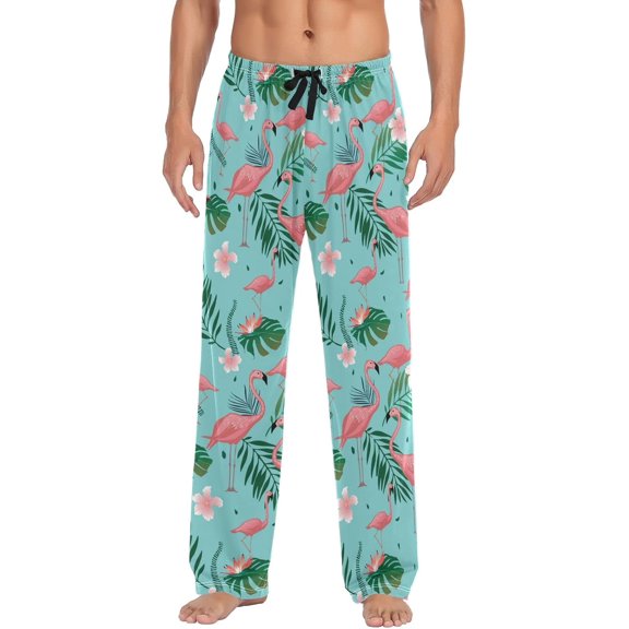 HPINK-T Pink Flamingo Palm Leaves Pajama Pants Mens Lounge Pants Casual Men Pajama Bottoms with Pockets Drawstring