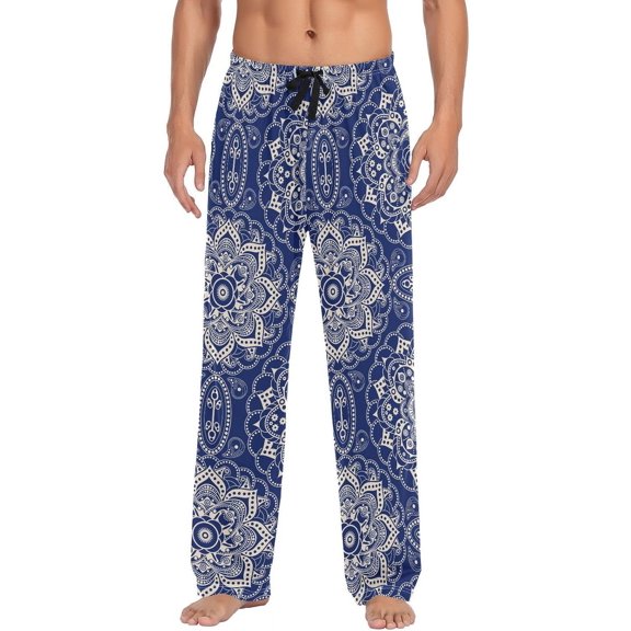 HPINK-T Vintage Floral Blue Pajama Pants Mens Lounge Pants Straight-Fit Men Pajama Bottoms with Drawstring Pockets