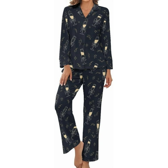 HPINK-T Women Long Sleeve Pajama Set Comfy Pjs Sets Champagne Glasses Gold 2 Piece Lounge Set