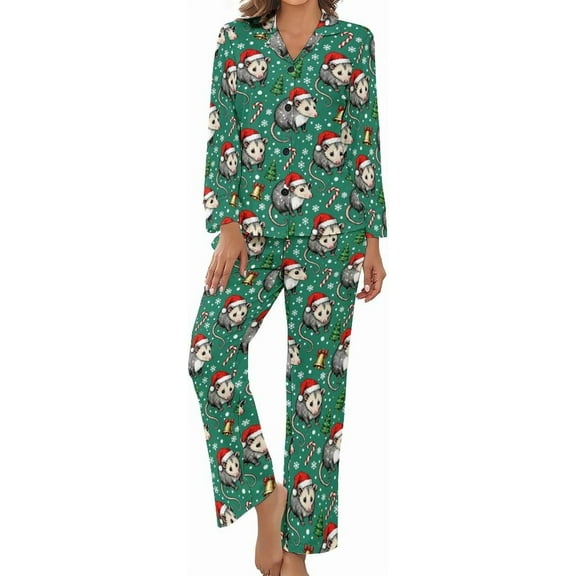 HPINK-T Women Long Sleeve Pajama Set Comfy Pjs Sets Christmas Funny Raccoons 2 Piece Lounge Set
