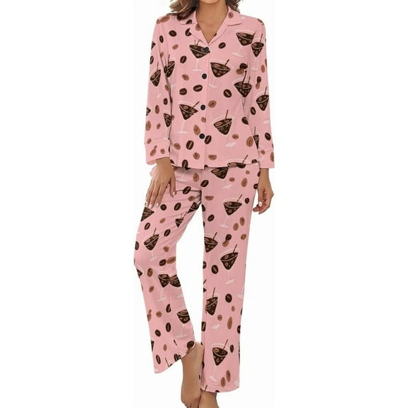 HPINK-T Women Long Sleeve Pajama Set Comfy Pjs Sets Martini Glasses Coffee Pink 2 Piece Lounge Set