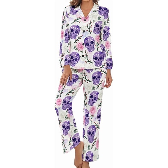 HPINK-T Women Long Sleeve Pajama Set Comfy Pjs Sets Skull Rose Pattern 2 Piece Lounge Set