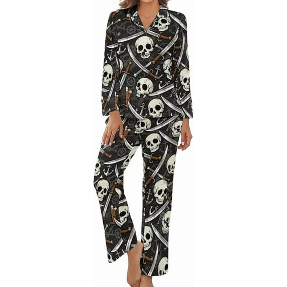 HPINK-T Women Long Sleeve Pajama Set Comfy Pjs Sets Skull Rose Pattern 2 Piece Lounge Set