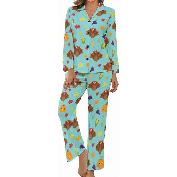 HPINK-T Women Long Sleeve Pajama Set Comfy Pjs Sets Thanksgiving Turkey Leaves 2 Piece Lounge Set