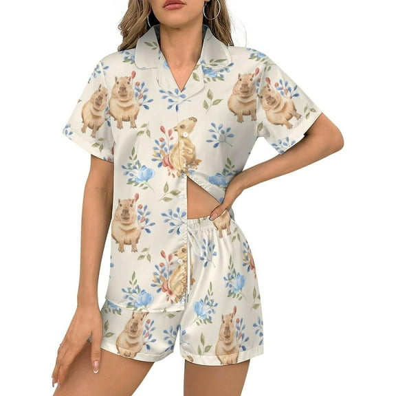 HPINK-T Women Pajamas Sets Short Sleeve Sleepwear, Soft Satin Button Down Lounge Wear Set 2 Piece Pjs Shorts Set XS-2XL
