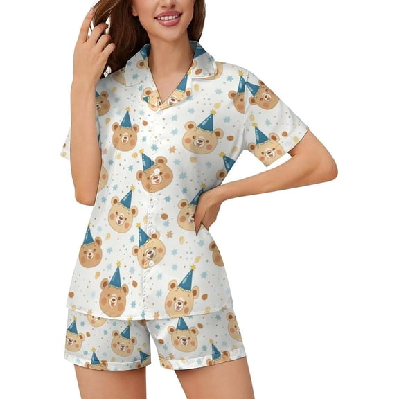 HPINK-T Women Pajamas Sets Short Sleeve Sleepwear, Soft Satin Button Down Lounge Wear Set 2 Piece Pjs Shorts Set XS-2XL