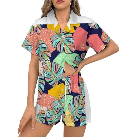HPINK-T Women Pajamas Sets Short Sleeve Sleepwear, Soft Satin Button Down Lounge Wear Set 2 Piece Pjs Shorts Set XS-2XL