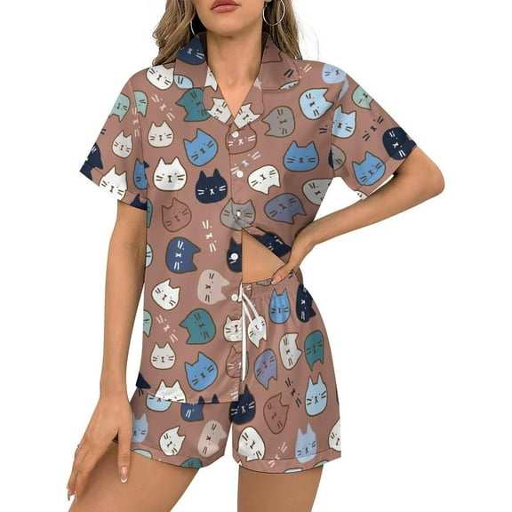 HPINK-T Women Pajamas Sets Short Sleeve Sleepwear, Soft Satin Button Down Lounge Wear Set 2 Piece Pjs Shorts Set XS-2XL