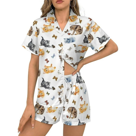 HPINK-T Women Pajamas Sets Short Sleeve Sleepwear, Soft Satin Button Down Lounge Wear Set 2 Piece Pjs Shorts Set XS-2XL