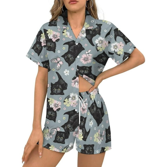 HPINK-T Women Pajamas Sets Short Sleeve Sleepwear, Soft Satin Button Down Lounge Wear Set 2 Piece Pjs Shorts Set XS-2XL