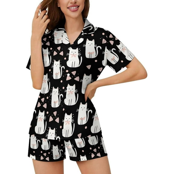 HPINK-T Women Pajamas Sets Short Sleeve Sleepwear, Soft Satin Button Down Lounge Wear Set 2 Piece Pjs Shorts Set XS-2XL