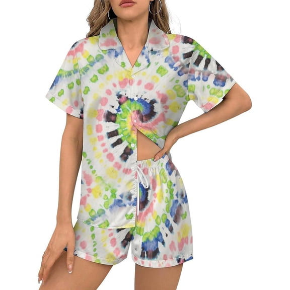 HPINK-T Women Pajamas Sets Short Sleeve Sleepwear, Soft Satin Button Down Lounge Wear Set 2 Piece Pjs Shorts Set XS-2XL