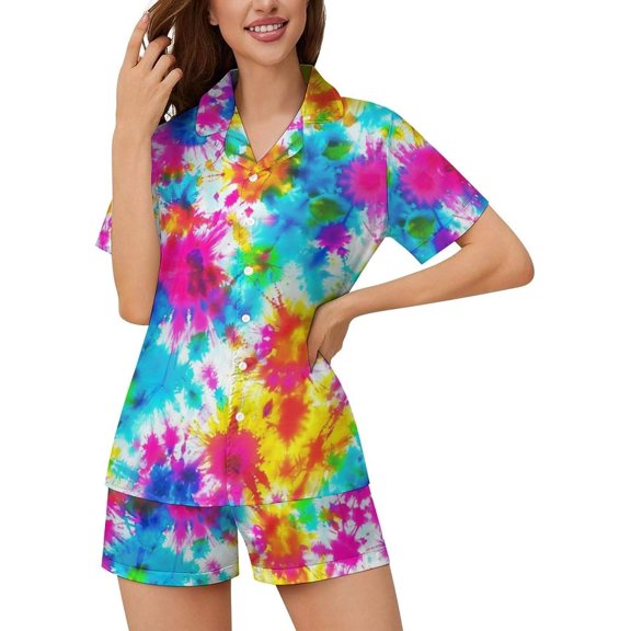 HPINK-T Women Pajamas Sets Short Sleeve Sleepwear, Soft Satin Button Down Lounge Wear Set 2 Piece Pjs Shorts Set XS-2XL