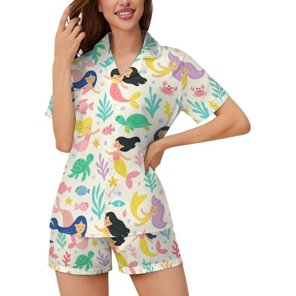 HPINK-T Women Pajamas Sets Short Sleeve Sleepwear, Soft Satin Button Down Lounge Wear Set 2 Piece Pjs Shorts Set XS-2XL