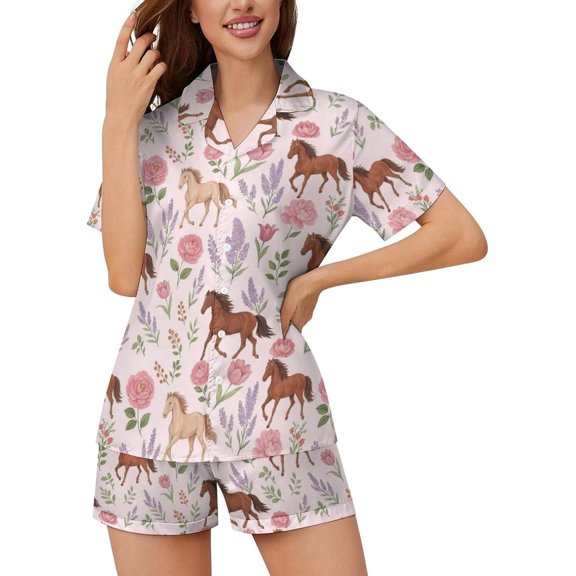 HPINK-T Women Pajamas Sets Short Sleeve Sleepwear, Soft Satin Button Down Lounge Wear Set 2 Piece Pjs Shorts Set XS-2XL