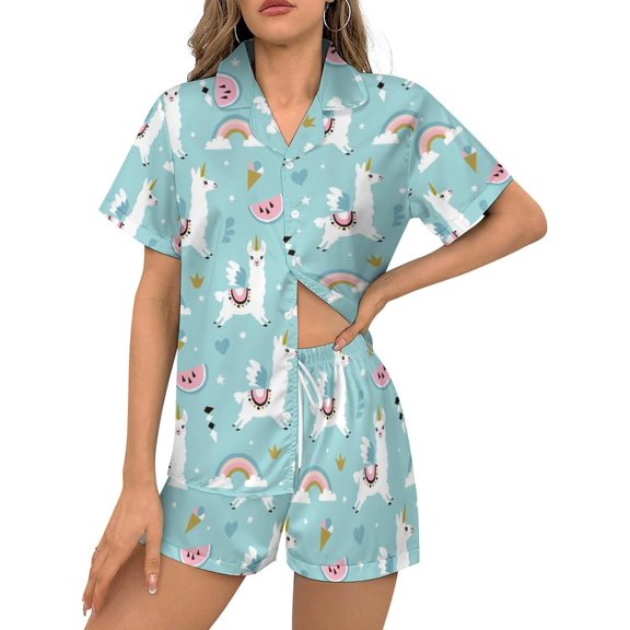 HPINK-T Women Pajamas Sets Short Sleeve Sleepwear, Soft Satin Button Down Lounge Wear Set 2 Piece Pjs Shorts Set XS-2XL