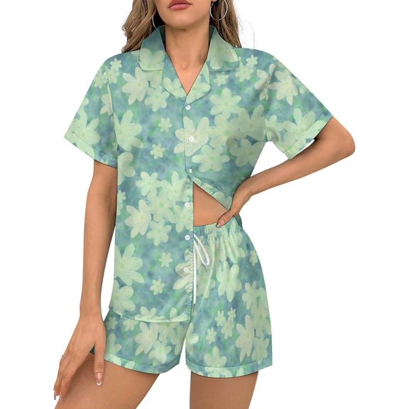 HPINK-T Women Pajamas Sets Short Sleeve Sleepwear, Soft Satin Button Down Lounge Wear Set 2 Piece Pjs Shorts Set XS-2XL