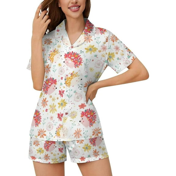 HPINK-T Women Pajamas Sets Short Sleeve Sleepwear, Soft Satin Button Down Lounge Wear Set 2 Piece Pjs Shorts Set XS-2XL
