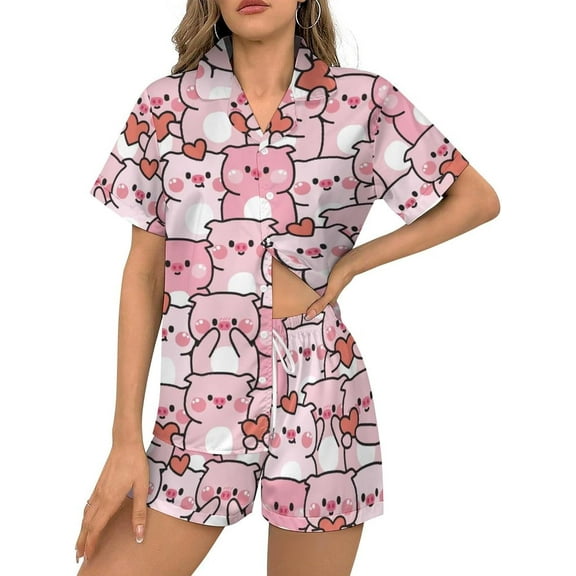 HPINK-T Women Pajamas Sets Short Sleeve Sleepwear, Soft Satin Button Down Lounge Wear Set 2 Piece Pjs Shorts Set XS-2XL