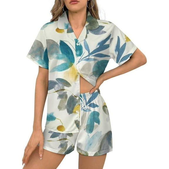 HPINK-T Women Pajamas Sets Short Sleeve Sleepwear, Soft Satin Button Down Lounge Wear Set 2 Piece Pjs Shorts Set XS-2XL