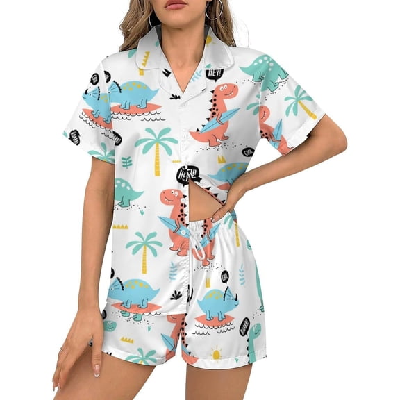HPINK-T Women Pajamas Sets Short Sleeve Sleepwear, Soft Satin Button Down Lounge Wear Set 2 Piece Pjs Shorts Set XS-2XL