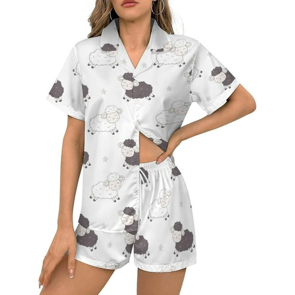 HPINK-T Women Pajamas Sets Short Sleeve Sleepwear, Soft Satin Button Down Lounge Wear Set 2 Piece Pjs Shorts Set XS-2XL