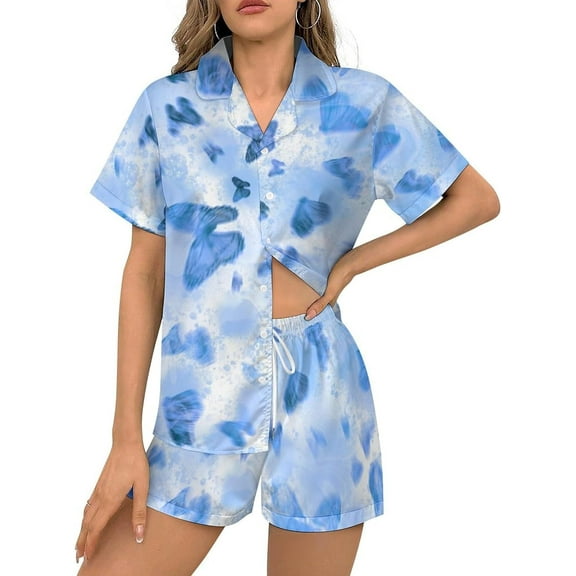 HPINK-T Women Pajamas Sets Short Sleeve Sleepwear, Soft Satin Button Down Lounge Wear Set 2 Piece Pjs Shorts Set XS-2XL