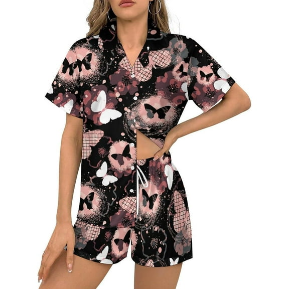 HPINK-T Women Pajamas Sets Short Sleeve Sleepwear, Soft Satin Button Down Lounge Wear Set 2 Piece Pjs Shorts Set XS-2XL