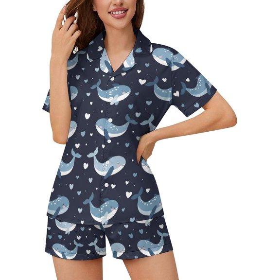 HPINK-T Women Pajamas Sets Short Sleeve Sleepwear, Soft Satin Button Down Lounge Wear Set 2 Piece Pjs Shorts Set XS-2XL