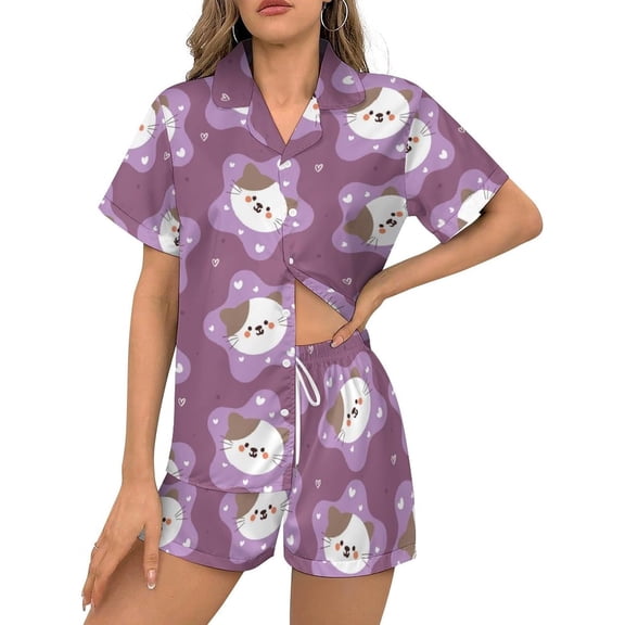 HPINK-T Women Pajamas Sets Short Sleeve Sleepwear, Soft Satin Button Down Lounge Wear Set 2 Piece Pjs Shorts Set XS-2XL