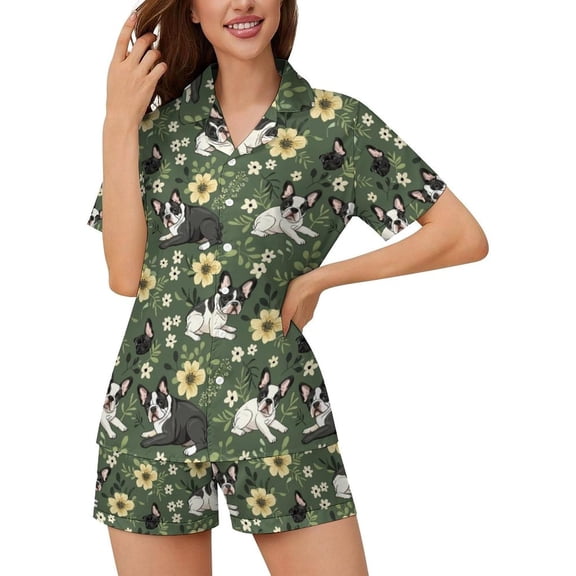 HPINK-T Women Pajamas Sets Short Sleeve Sleepwear, Soft Satin Button Down Lounge Wear Set 2 Piece Pjs Shorts Set XS-2XL