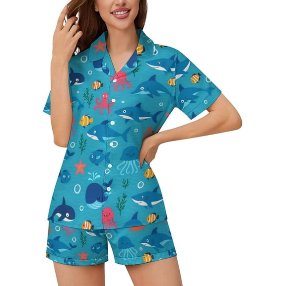 HPINK-T Women Pajamas Sets Short Sleeve Sleepwear, Soft Satin Button Down Lounge Wear Set 2 Piece Pjs Shorts Set XS-2XL