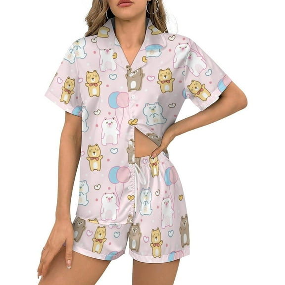 HPINK-T Women Pajamas Sets Short Sleeve Sleepwear, Soft Satin Button Down Lounge Wear Set 2 Piece Pjs Shorts Set XS-2XL