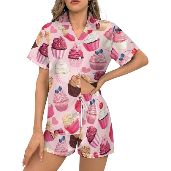 HPINK-T Women Pajamas Sets Short Sleeve Sleepwear, Soft Satin Button Down Lounge Wear Set 2 Piece Pjs Shorts Set XS-2XL
