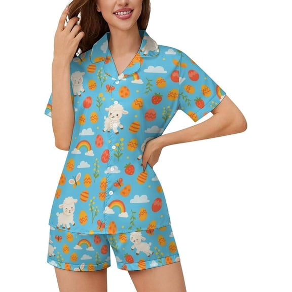 HPINK-T Women Pajamas Sets Short Sleeve Sleepwear, Soft Satin Button Down Lounge Wear Set 2 Piece Pjs Shorts Set XS-2XL