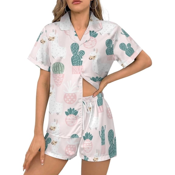 HPINK-T Women Pajamas Sets Short Sleeve Sleepwear, Soft Satin Button Down Lounge Wear Set 2 Piece Pjs Shorts Set XS-2XL
