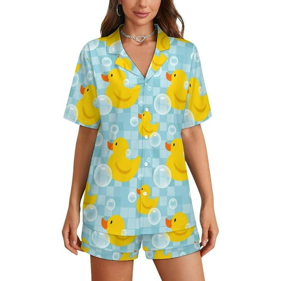 HPINK-T Women Pajamas Shorts Sets Cute Rubber Ducks PJs 2 Piece Button Down Shirt Lounge Pants Set