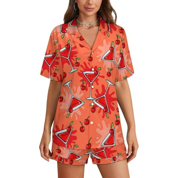 HPINK-T Women Pajamas Shorts Sets Martini Glasses with Cherries PJs 2 Piece Button Down Shirt Lounge Pants Set