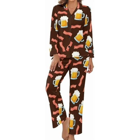 HPINK-T Women's Pajama Sets Bacon Beer Mug Pattern Long Sleeve Lounge Sets Pjs Sleepwear with Pockets
