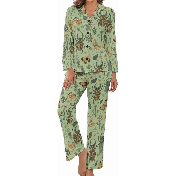 HPINK-T Women's Pajama Sets Butterfly Beetle Flower Long Sleeve Lounge Sets Pjs Sleepwear with Pockets
