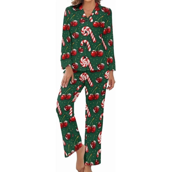 HPINK-T Women's Pajama Sets Candy Canes Cherries Long Sleeve Lounge Sets Pjs Sleepwear with Pockets