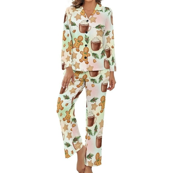 HPINK-T Women's Pajama Sets Christmas Gingerbread Drinks Long Sleeve Lounge Sets Pjs Sleepwear with Pockets
