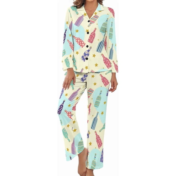 HPINK-T Women's Pajama Sets Colorful Bottles Stars Long Sleeve Lounge Sets Pjs Sleepwear with Pockets