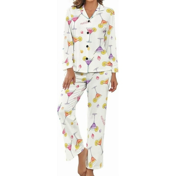 HPINK-T Women's Pajama Sets Martini Glasses Lemon Slices Long Sleeve Lounge Sets Pjs Sleepwear with Pockets